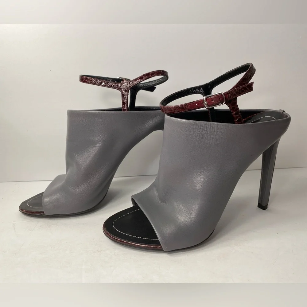 Balenciaga open toe mules sandals heels leather grey burgundy 36.5 - Picture 1 of 10